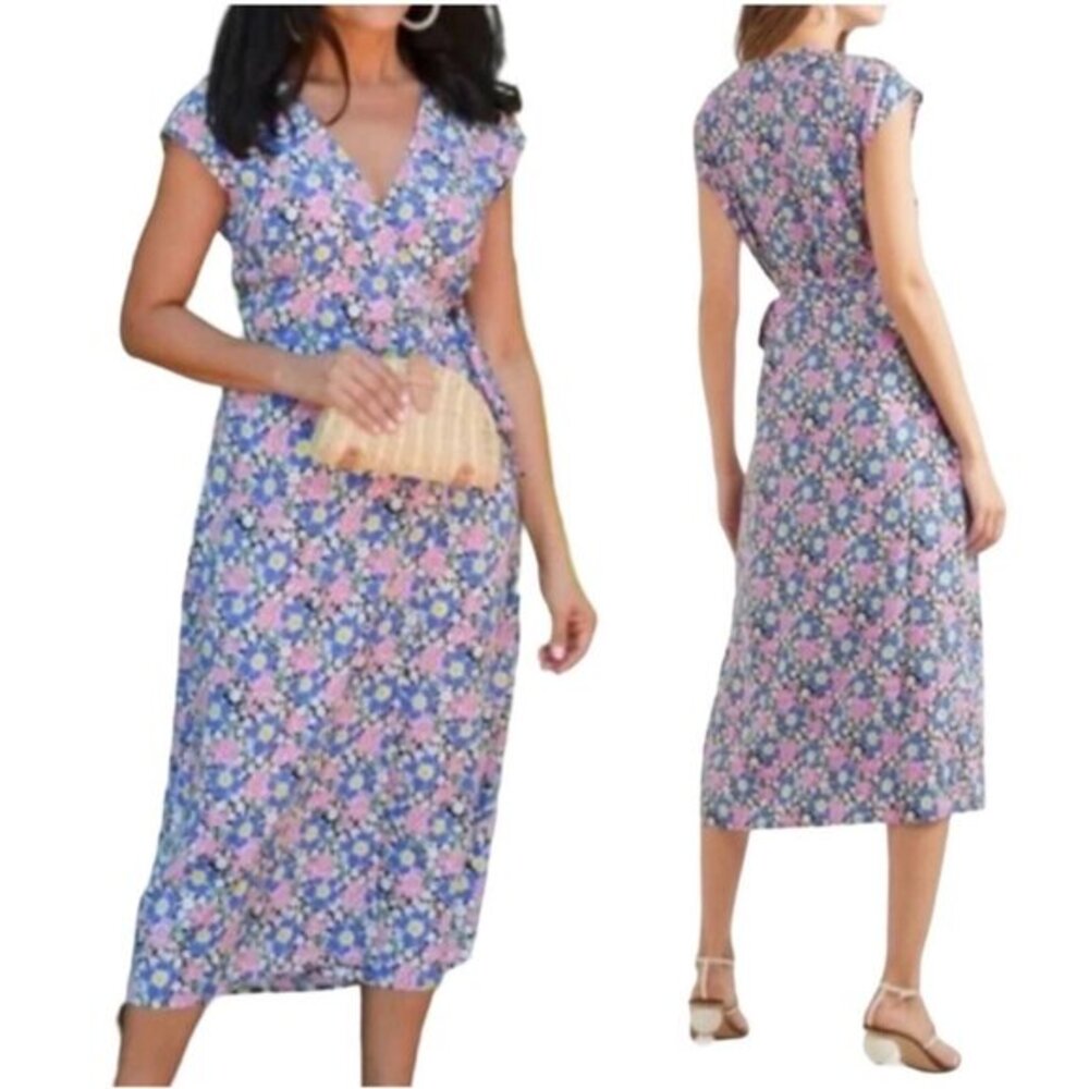 J Crew Fabrizia Floral Print Midi Wrap Dress Tie Waist V Neck Surplice Womens M